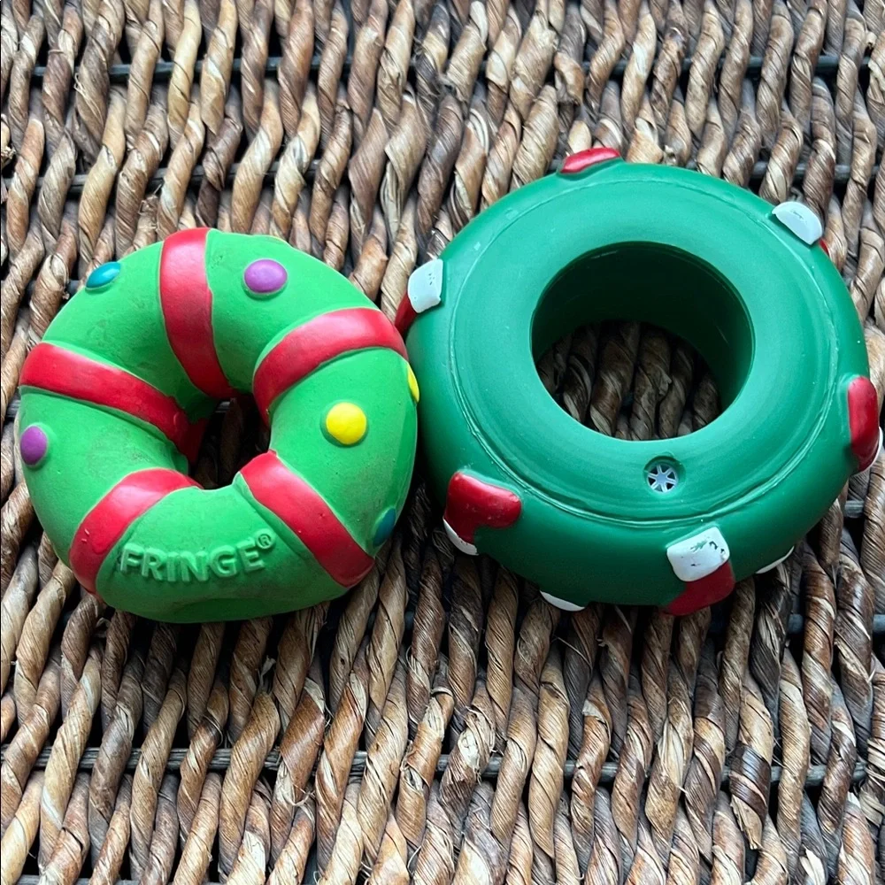 Green Holiday Donut Squeaky Dog Toys with Red Accents